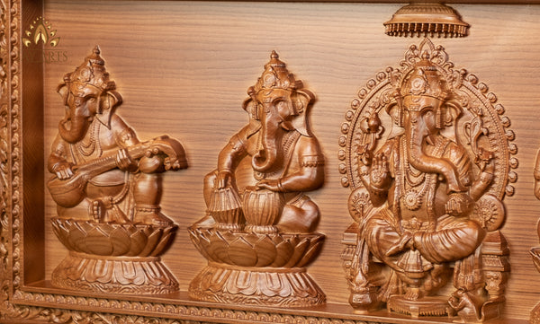 A Wood Carving of Lord Ganesh and The Musical Vignahartas 12" x 30"