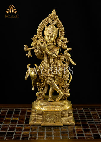 Murari Krishna with a Cow 13" Brass Statue