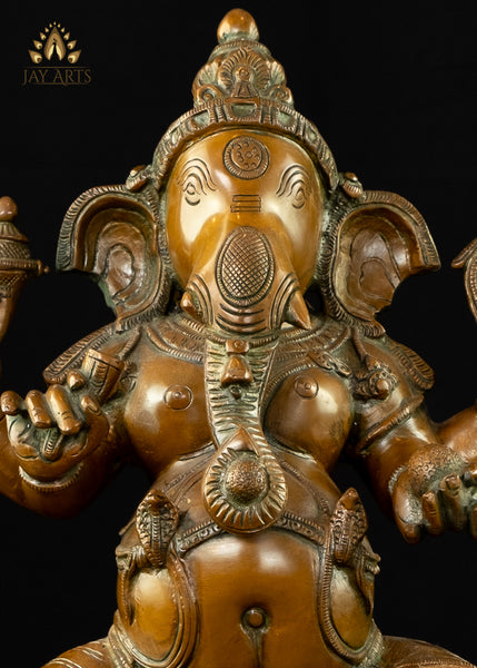 Bhagwan Ganesh seated on a Lotus 14" Brass Statue (Antique Brown)