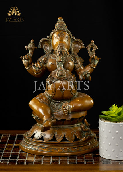 Bhagwan Ganesh seated on a Lotus 14" Brass Statue (Antique Brown)