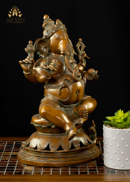 Bhagwan Ganesh seated on a Lotus 14" Brass Statue (Antique Brown)