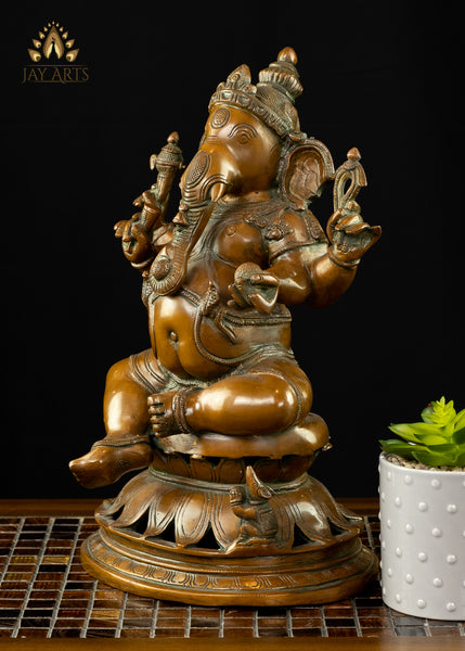 Bhagwan Ganesh seated on a Lotus 14" Brass Statue (Antique Brown)