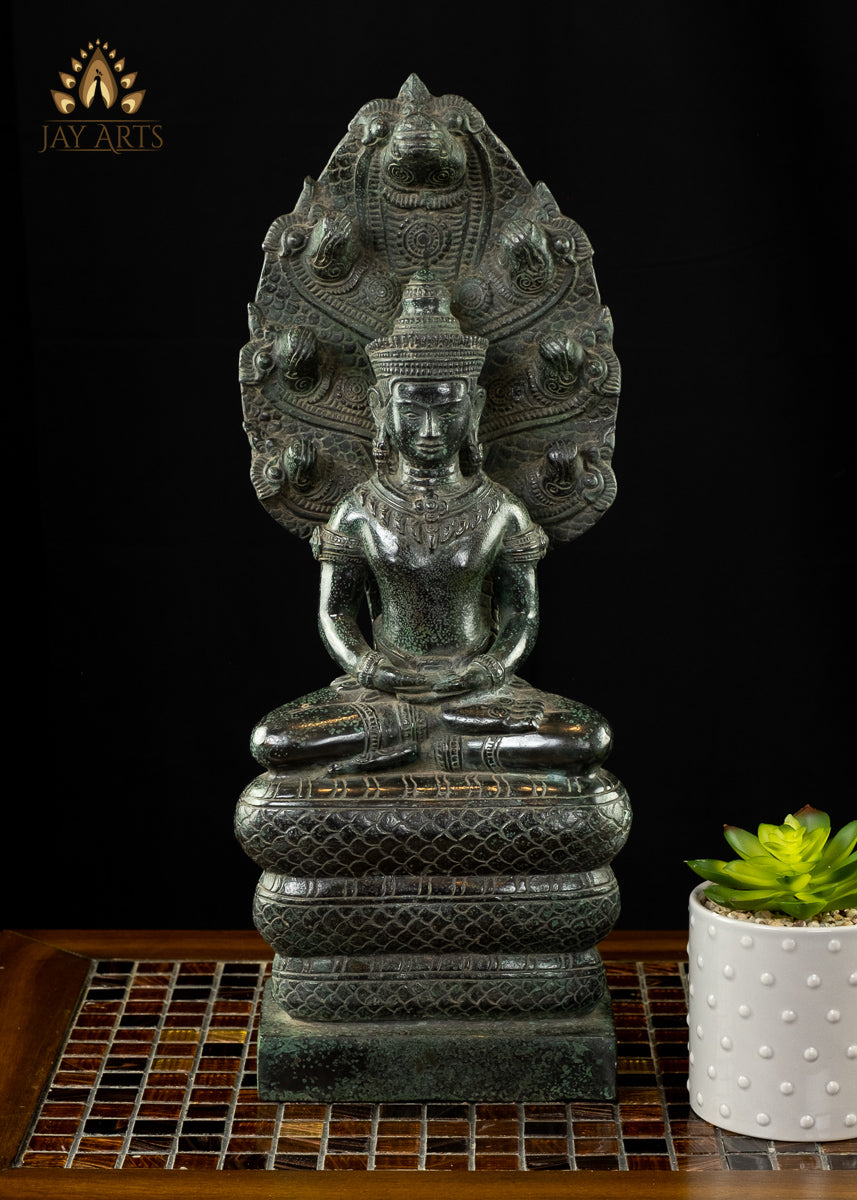 Buddha in Meditation protected by Muchalinda - Angkor Wat Bayon Style Naga Buddha from Cambodia