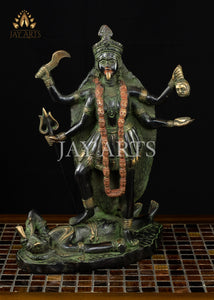 14" Brass Hindu Goddess Kaali - An Embodiment of Shakti in a Ferocious Form