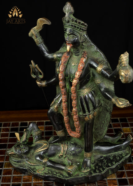 14" Brass Hindu Goddess Kaali - An Embodiment of Shakti in a Ferocious Form