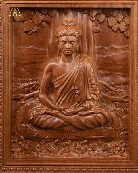 Buddha Wood Carving 13" - Buddha in Meditation under the Bodhi Tree