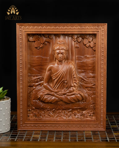 Buddha Wood Carving 13" - Buddha in Meditation under the Bodhi Tree