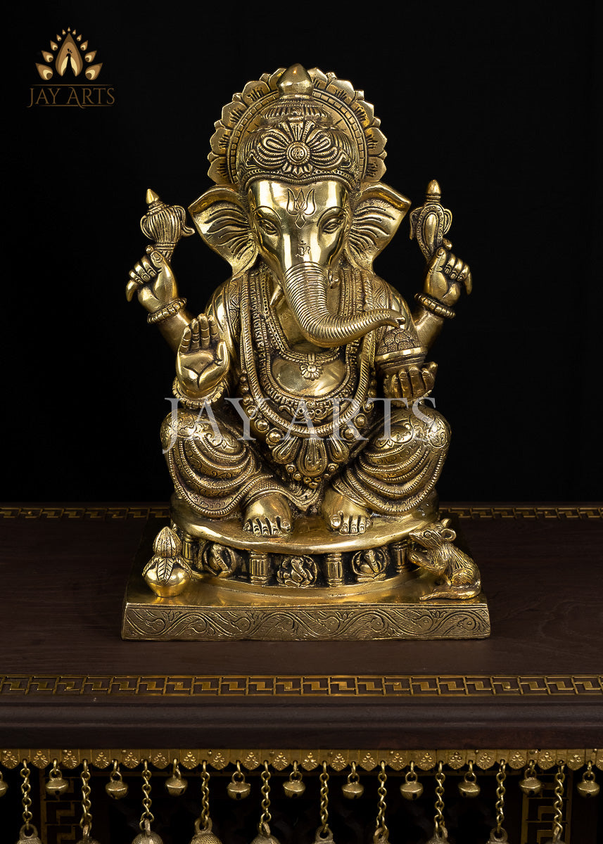 14" Bhagwan Ganesh seated on a pedestal with figurines of 8 Ganeshas