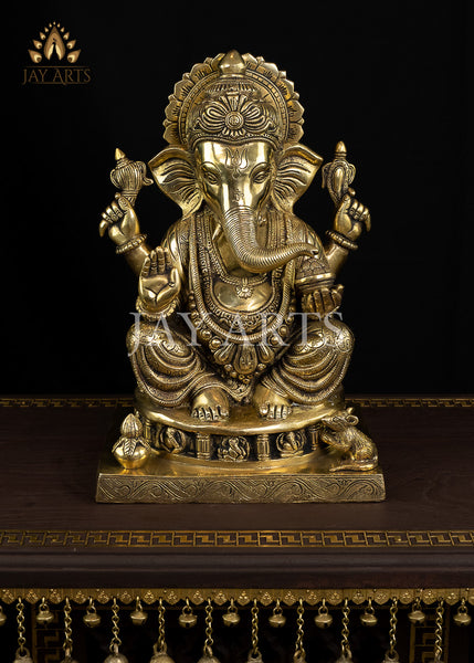 14" Bhagwan Ganesh seated on a pedestal with figurines of 8 Ganeshas