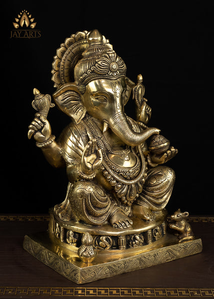 14" Bhagwan Ganesh seated on a pedestal with figurines of 8 Ganeshas