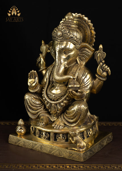 14" Bhagwan Ganesh seated on a pedestal with figurines of 8 Ganeshas