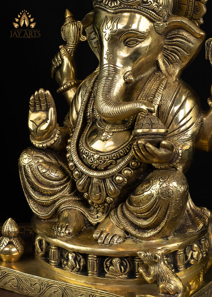 14" Bhagwan Ganesh seated on a pedestal with figurines of 8 Ganeshas