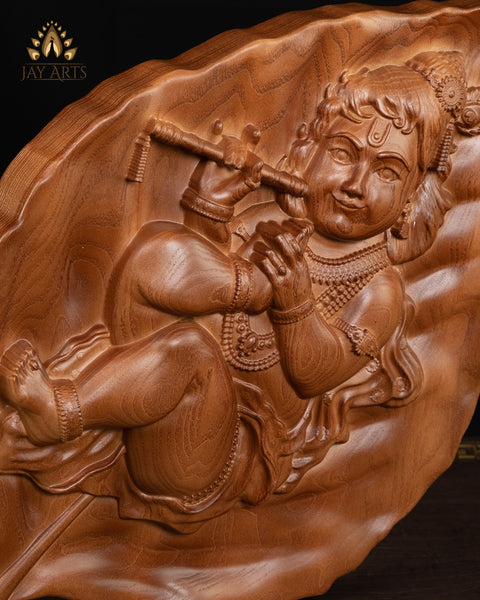 Baby Krishna on a Peepal Leaf 15 H x 10 W - Krishna Wood Carving - Krishna Wood Wall Panel