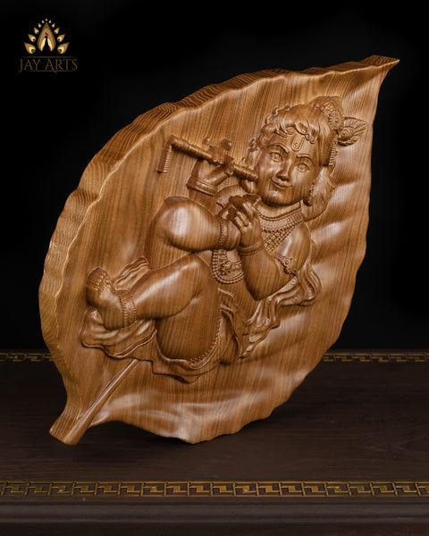 Baby Krishna on a Peepal Leaf 15 H x 10 W - Krishna Wood Carving - Aalilai Kannan Wall Art