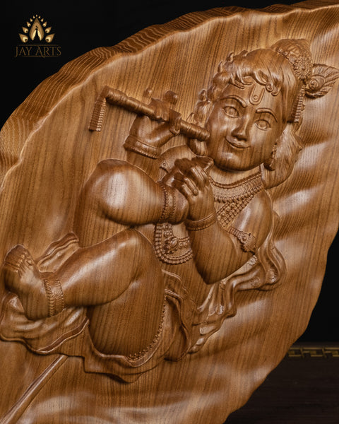 Baby Krishna on a Peepal Leaf 15 H x 10 W - Krishna Wood Carving - Aalilai Kannan Wall Art