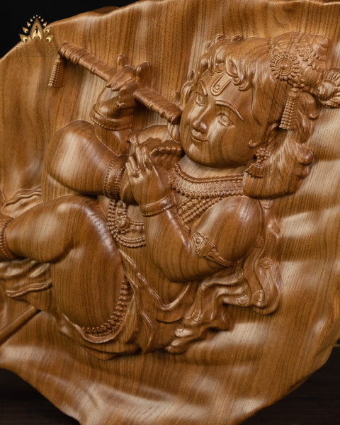 Baby Krishna on a Peepal Leaf 15 H x 10 W - Krishna Wood Carving - Aalilai Kannan Wall Art