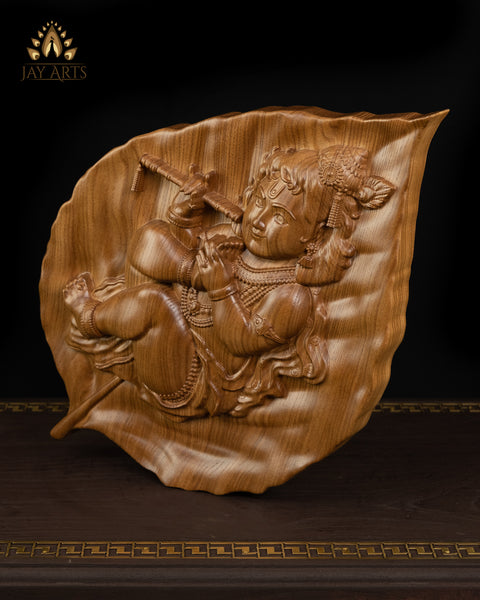 Baby Krishna on a Peepal Leaf 15 H x 10 W - Krishna Wood Carving - Aalilai Kannan Wall Art