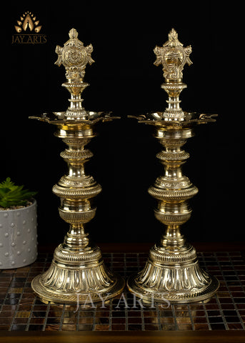 Auspicious 7 Wick Vaishnava Lamp Set - 16” Fine Brass Lamps