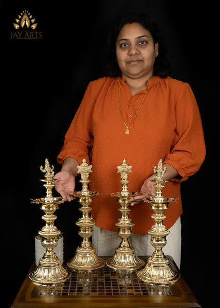 Auspicious 7 Wick Vaishnava Lamp Set - 16” Fine Brass Lamps