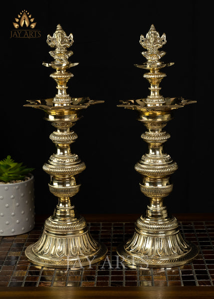 Auspicious 7 Wick Lord Ganesha Lamp Set - 15.5” Fine Brass Lamps