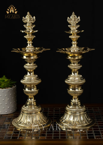 Auspicious 7 Wick Lord Ganesha Lamp Set - 15.5” Fine Brass Lamps