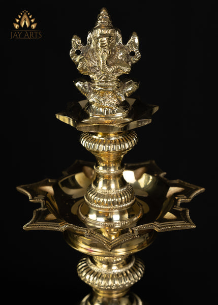 Auspicious 7 Wick Lord Ganesha Lamp Set - 15.5” Fine Brass Lamps