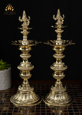 Auspicious 7 Wick Goddess Lakshmi Lamp Set - 15.5” Fine Brass Lamps