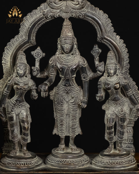 Bhagwan Vishnu with Goddess Lakshmi and Bhumadevi 10" Brass Statue