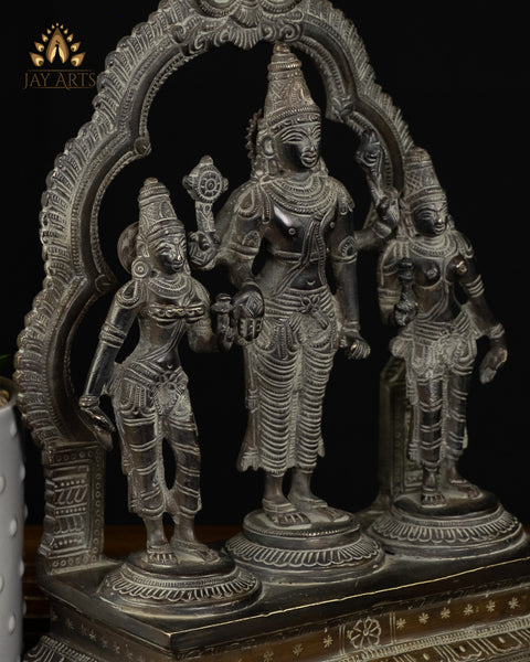 Bhagwan Vishnu with Goddess Lakshmi and Bhumadevi 10" Brass Statue