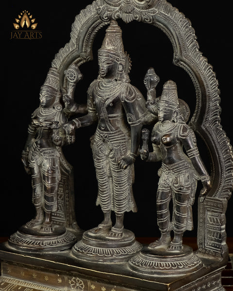 Bhagwan Vishnu with Goddess Lakshmi and Bhumadevi 10" Brass Statue