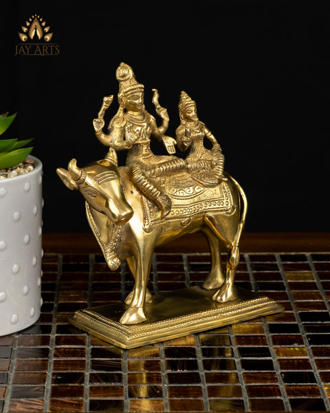 Lord Shiva and Parvati seated on Nandi (Vrisharudhamurti) - 6" Brass Shiva Statue