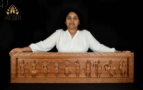 Dasavataram Wood Carving 12" x 48"   - The Ten Incarnations of Lord Vishnu - Vishnu Wood Carving