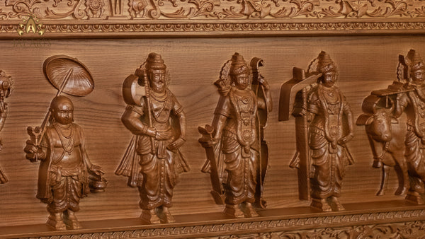 Dasavataram Wood Carving 12" x 48"   - The Ten Incarnations of Lord Vishnu - Vishnu Wood Carving