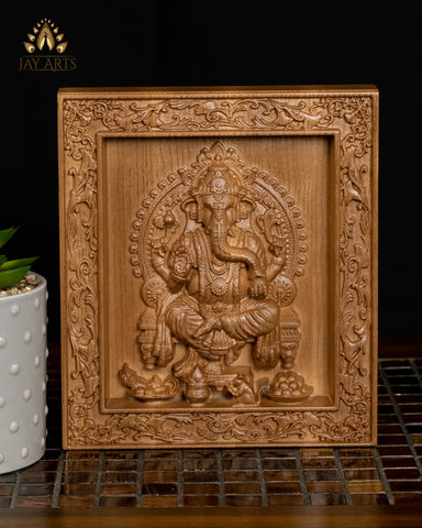 Ganesh Wood Carving 8" - Ganesh Wood Wall Panel