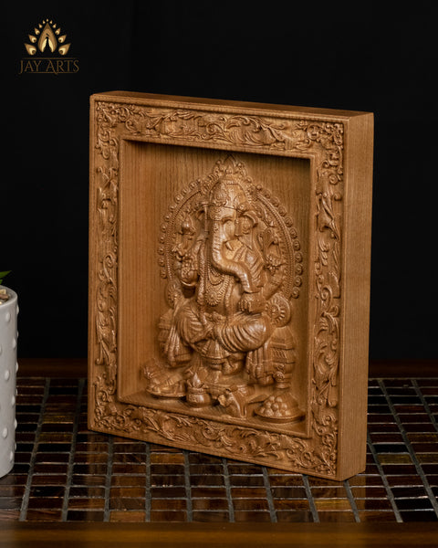 Ganesh Wood Carving 8" - Ganesh Wood Wall Panel