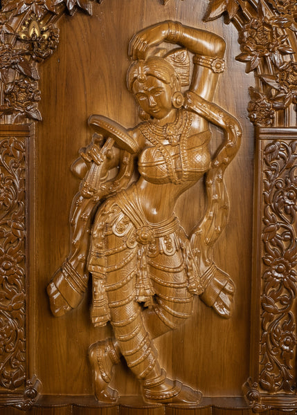 24" Apsara Wood Carving - Oakwood Wall Panel