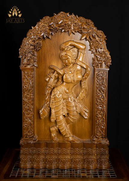 24" Apsara Wood Carving - Oakwood Wall Panel