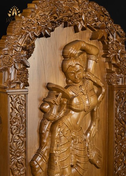 24" Apsara Wood Carving - Oakwood Wall Panel