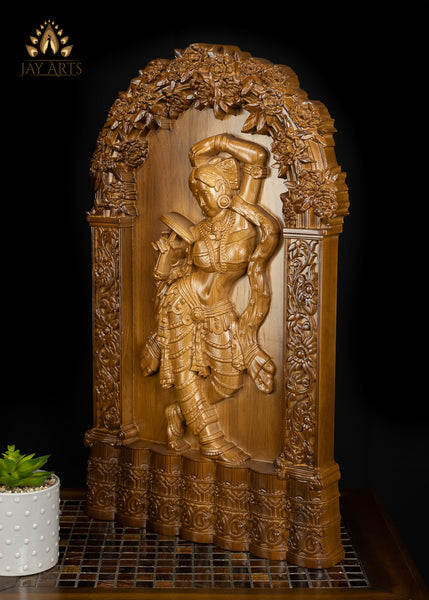 24" Apsara Wood Carving - Oakwood Wall Panel