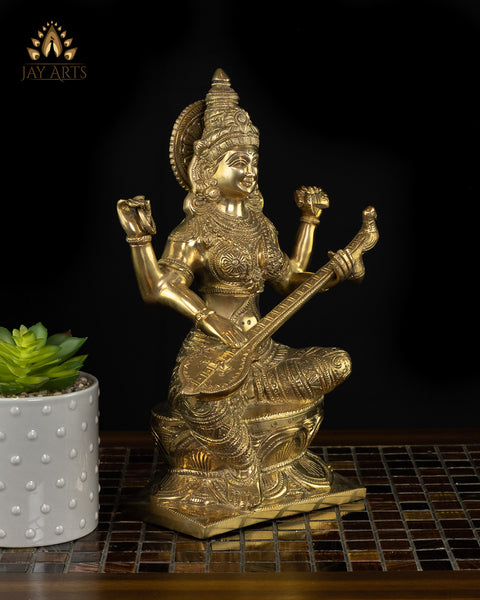 12" Maa Saraswati Brass Statue - Hindu Goddess Brass Idol