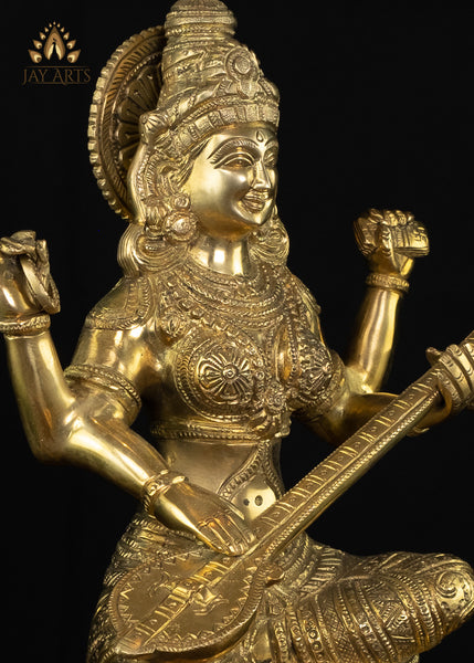 12" Maa Saraswati Brass Statue - Hindu Goddess Brass Idol