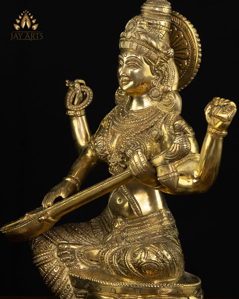 12" Maa Saraswati Brass Statue - Hindu Goddess Brass Idol