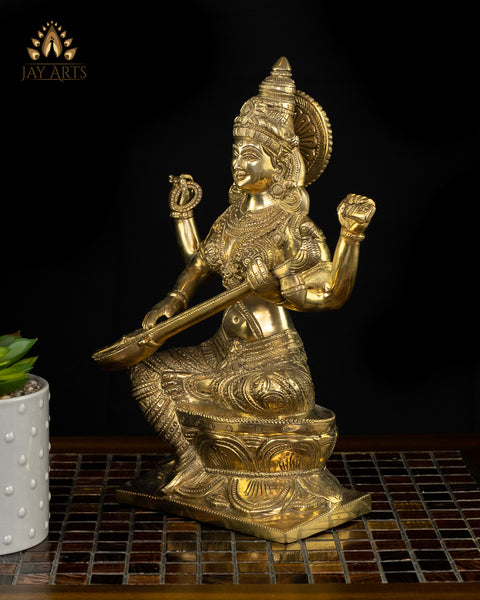 12" Maa Saraswati Brass Statue - Hindu Goddess Brass Idol