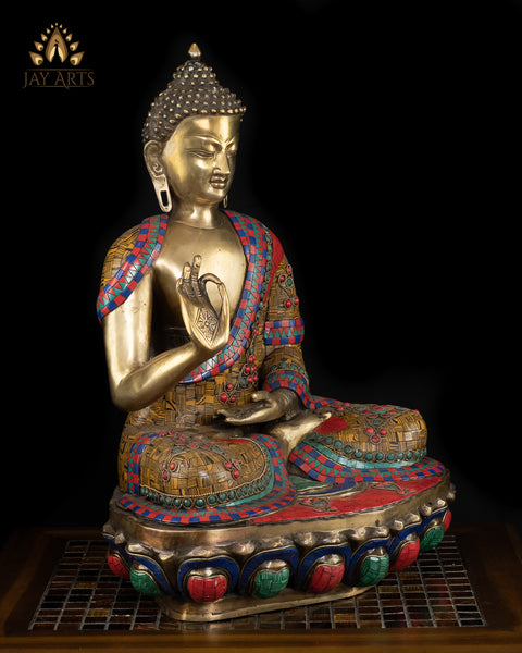 19" Buddha in Vitarka Mudra Seated on a Lotus Pedestal - Brass Buddha Statue