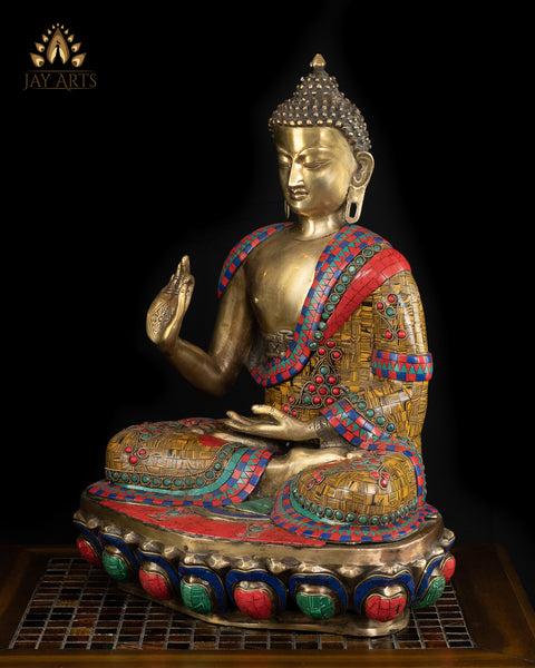 19" Buddha in Vitarka Mudra Seated on a Lotus Pedestal - Brass Buddha Statue