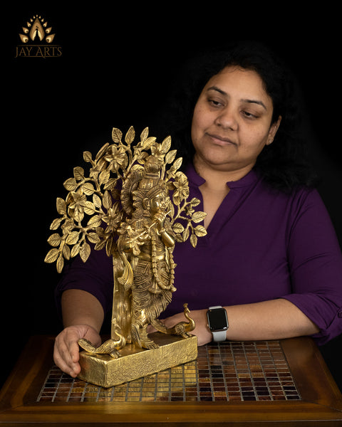 16" Lord Krishna Standing Under a Tree with Peacocks - Brass Krishna Statue