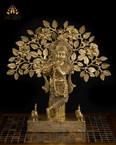 16" Lord Krishna Standing Under a Tree with Peacocks - Brass Krishna Statue