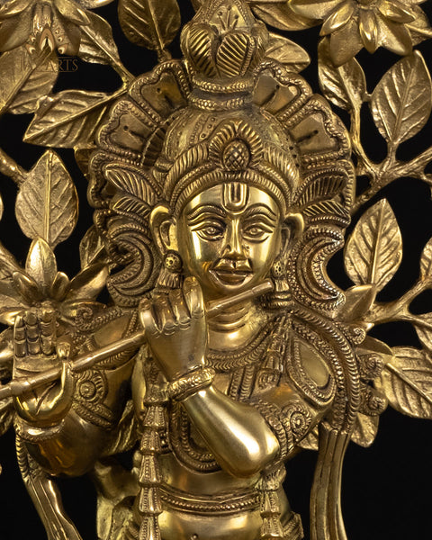 16" Lord Krishna Standing Under a Tree with Peacocks - Brass Krishna Statue