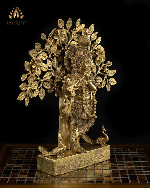 16" Lord Krishna Standing Under a Tree with Peacocks - Brass Krishna Statue