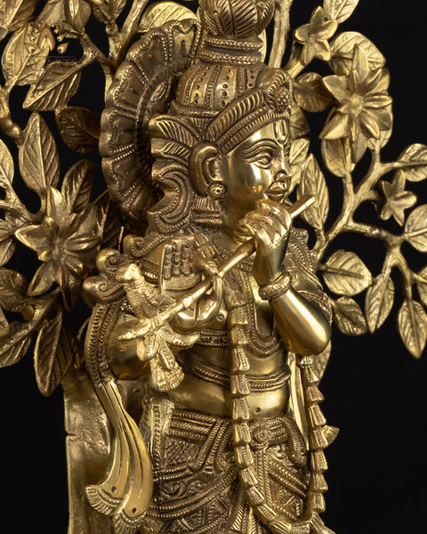 16" Lord Krishna Standing Under a Tree with Peacocks - Brass Krishna Statue